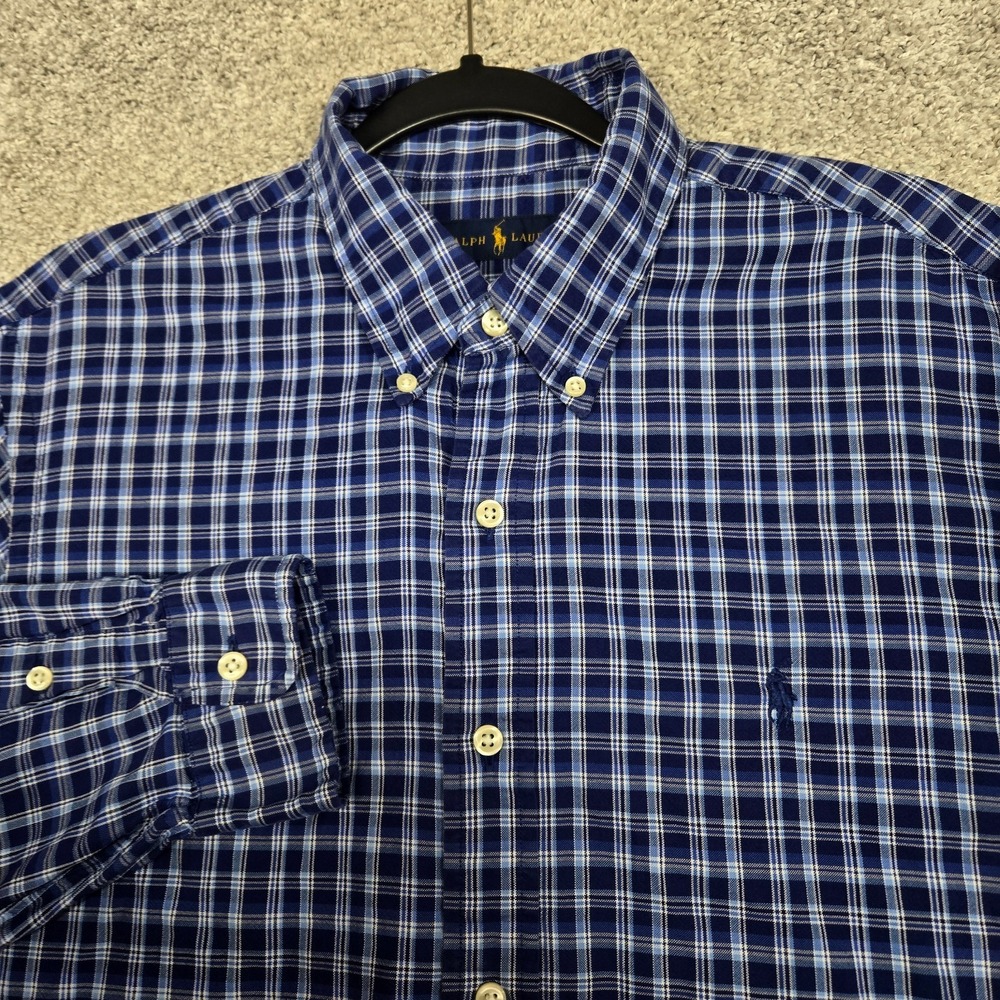 Ralph Lauren Button Down Shirt Men Large Blue Plaid L/S cotton lightweight